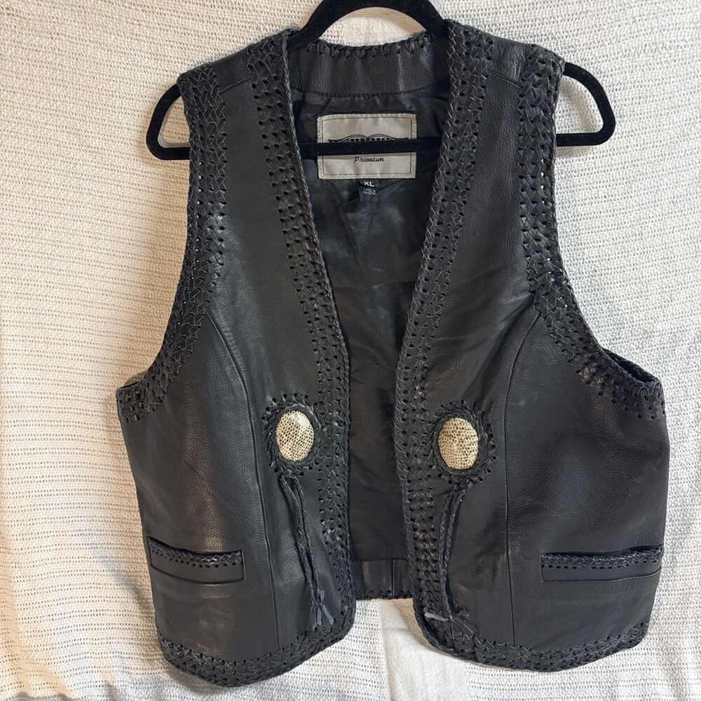 Unik Premium Leather Biker Vest W/ Snakeskin XL